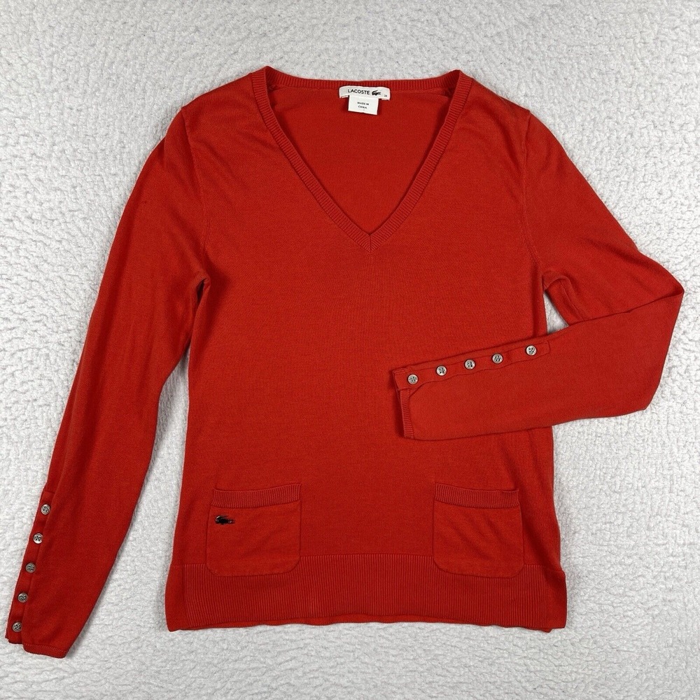 Lacoste Sweater Womens 34 (US Small) Red V Neck Pullover‎ Casual Preppy Career